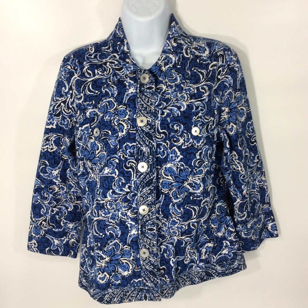 Charter Club Medium Blue White Floral Jacket 3/4 Sleeves